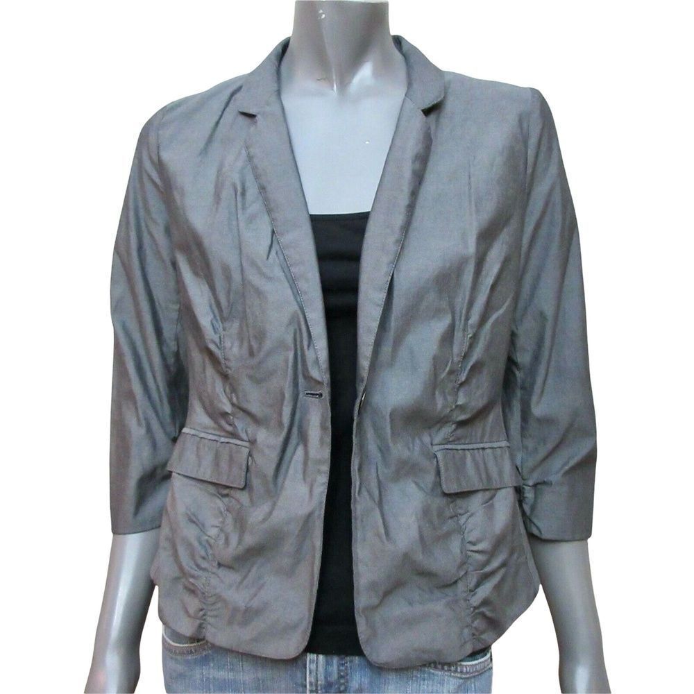 Kenneth Cole Womens Blazer Jacket Gray Ruched 3/4 Sleeve One Button Solid 8